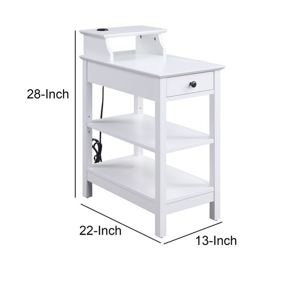 Wooden Frame Side Table with 3 Open Compartments and 1 Drawer， White