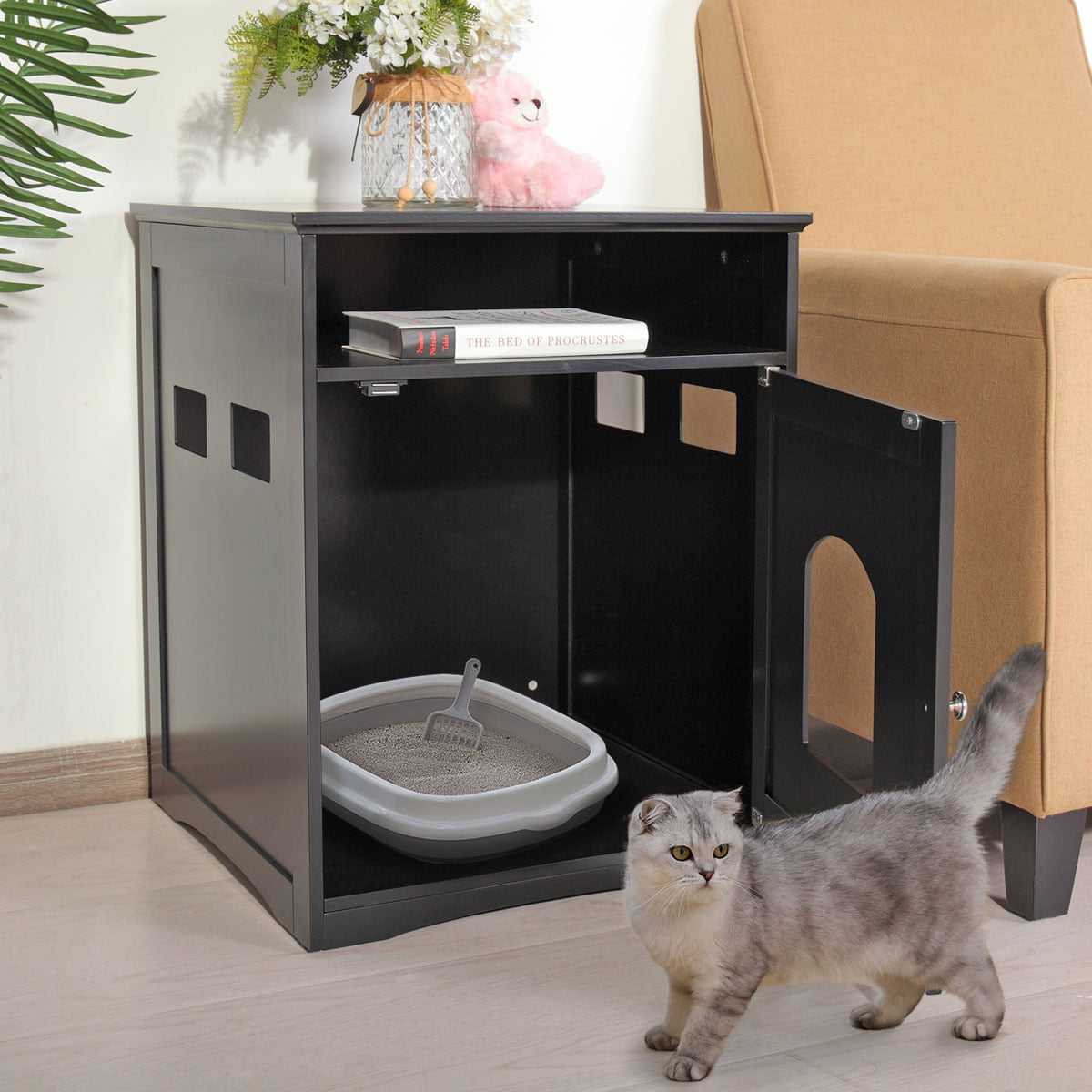 Coziwow Cat Washroom Cat Litter Box Cover Pet Crate End Table Wooden Side Kennel Indoor Black