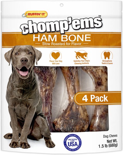 RUFFIN' IT Chomp'ems Ham Bone Dog Treats， 8-in， 4 count