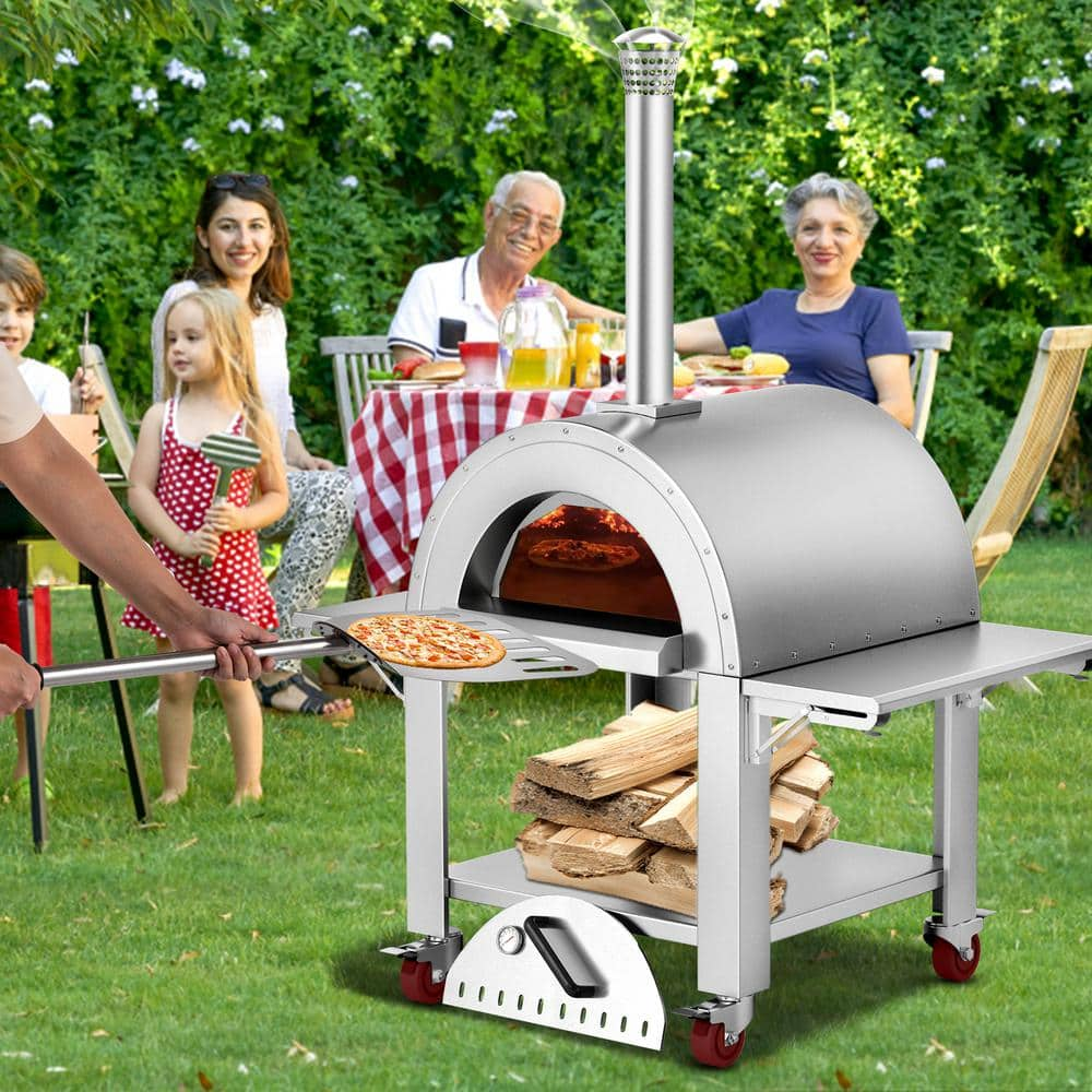 VEVOR 46 in. Wood Fired Artisan Pizza Oven Outdoor Pizza Oven 3-Layer Stainless Steel Pizza Maker with Wheels HWPSKXTJYCY312EF0V0