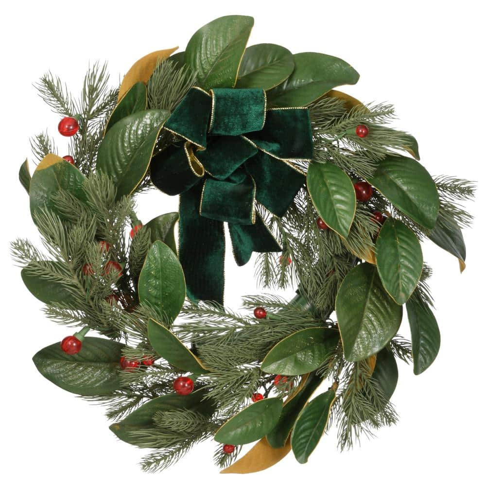 24 in. Magnolia Mix Pine Artificial Christmas Wreath with LED Lights and Bow