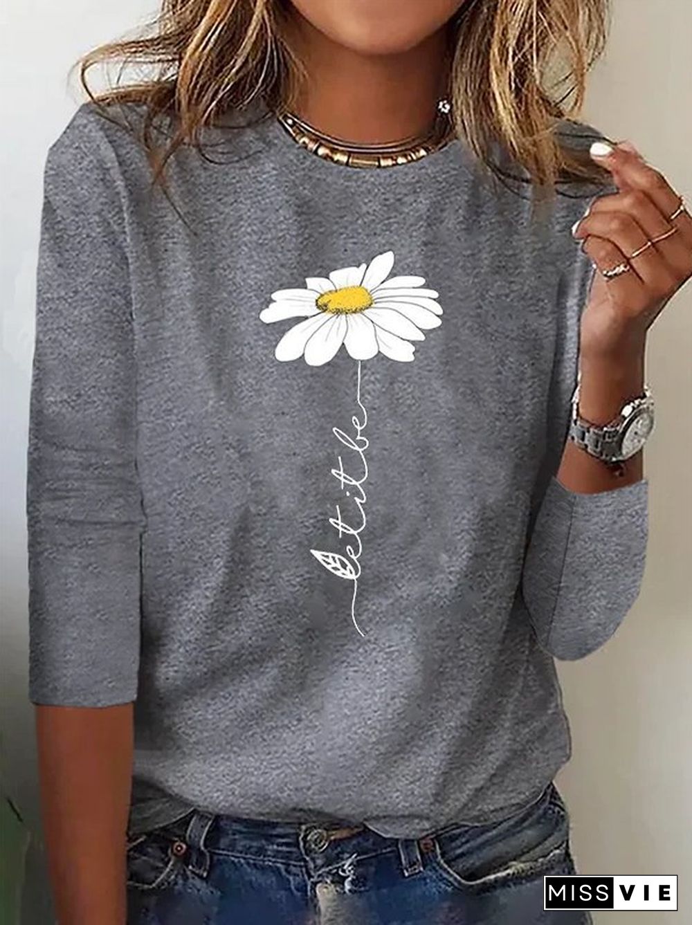 Daisy Casual Long sleeve Crew Neck T-Shirt