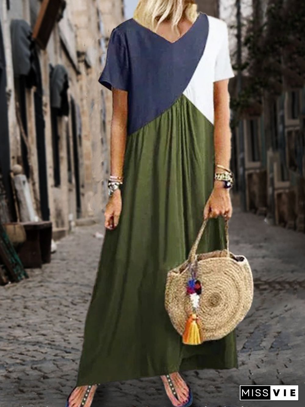 Women Casual Solid Color Cotton V Neck Plus Size Maxi Dresses