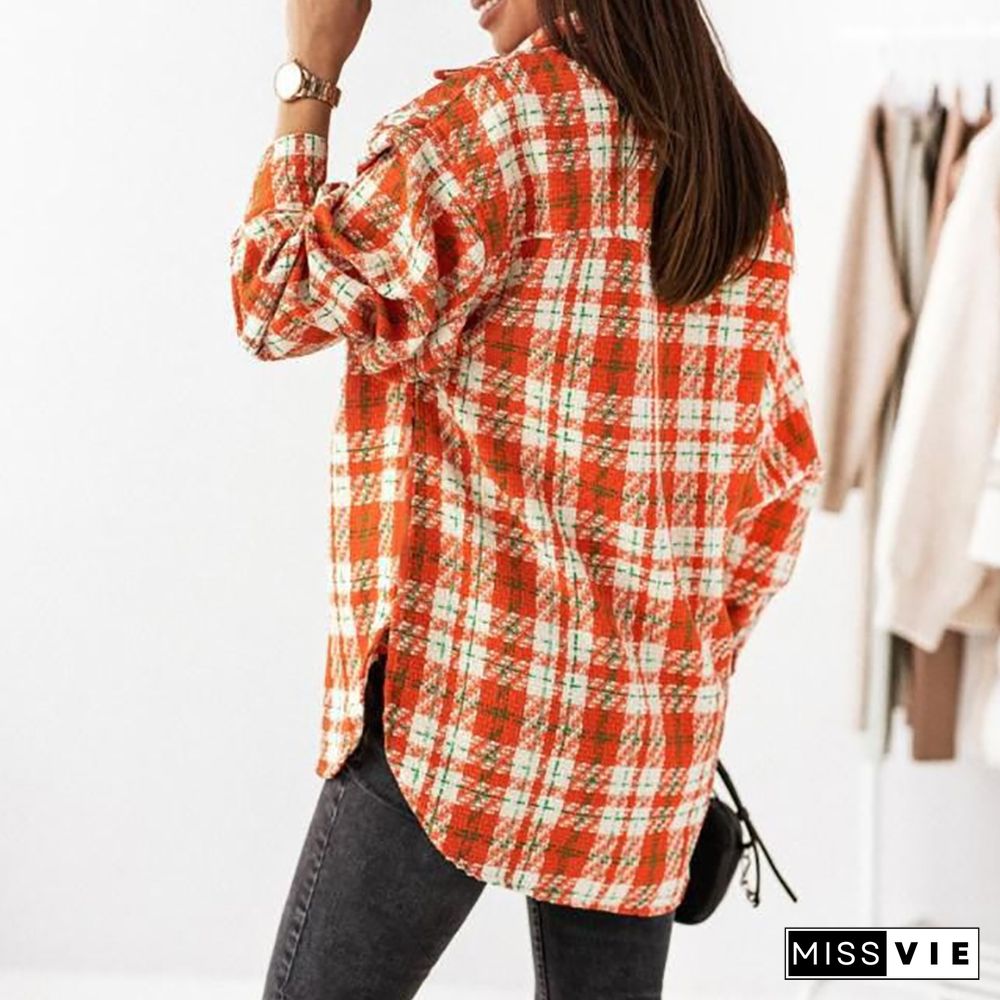 Lady Casual Street Loose Jackets Outwear New Fashion Chic Plaid Print Women Jacket Elegant Autumn Lapel Button Long Sleeve Coats