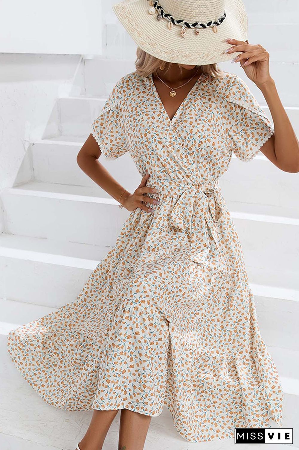 Wrap V Neck Tulip Sleeves Maxi Floral Dress