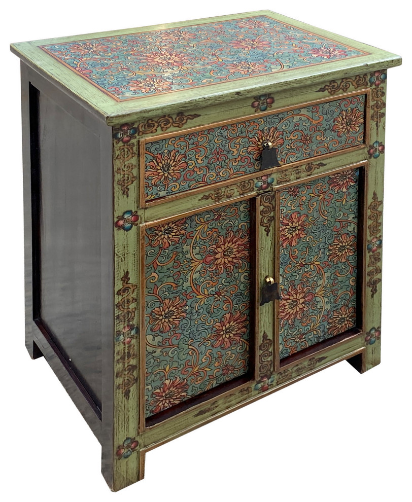 Distressed Pastel Green Turquoise Tibetan Floral End Table Nightstand Hcs7517   French Country   Side Tables And End Tables   by Golden Lotus Antiques  Houzz