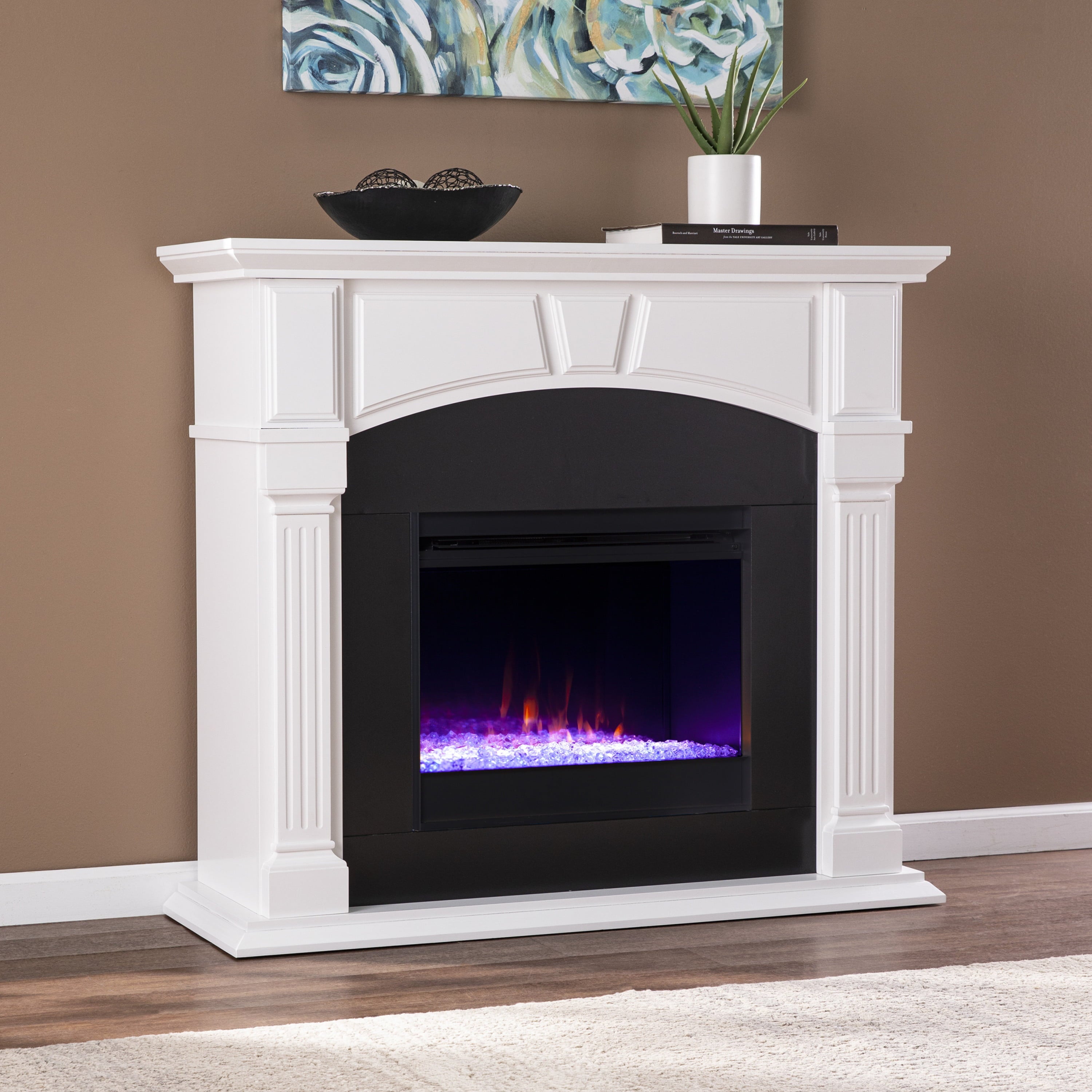 SEI Furniture Alaton Freestanding Transitional Color Changing Electric Fireplace in White and Black Finish