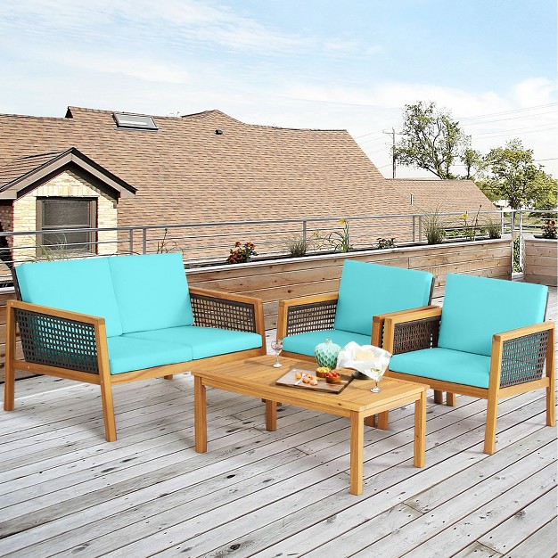 Tangkula 4pcs Patio Acacia Wood Furniture Set Pe Rattan Conversation Set W Turquoise Cushions