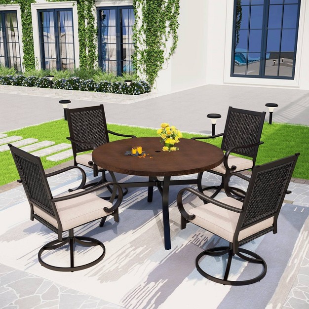 5pc Patio Dining Set With 360 Swivel Chairs With Cushions And Round Steel amp Faux Wood Tabletop Captiva Designs