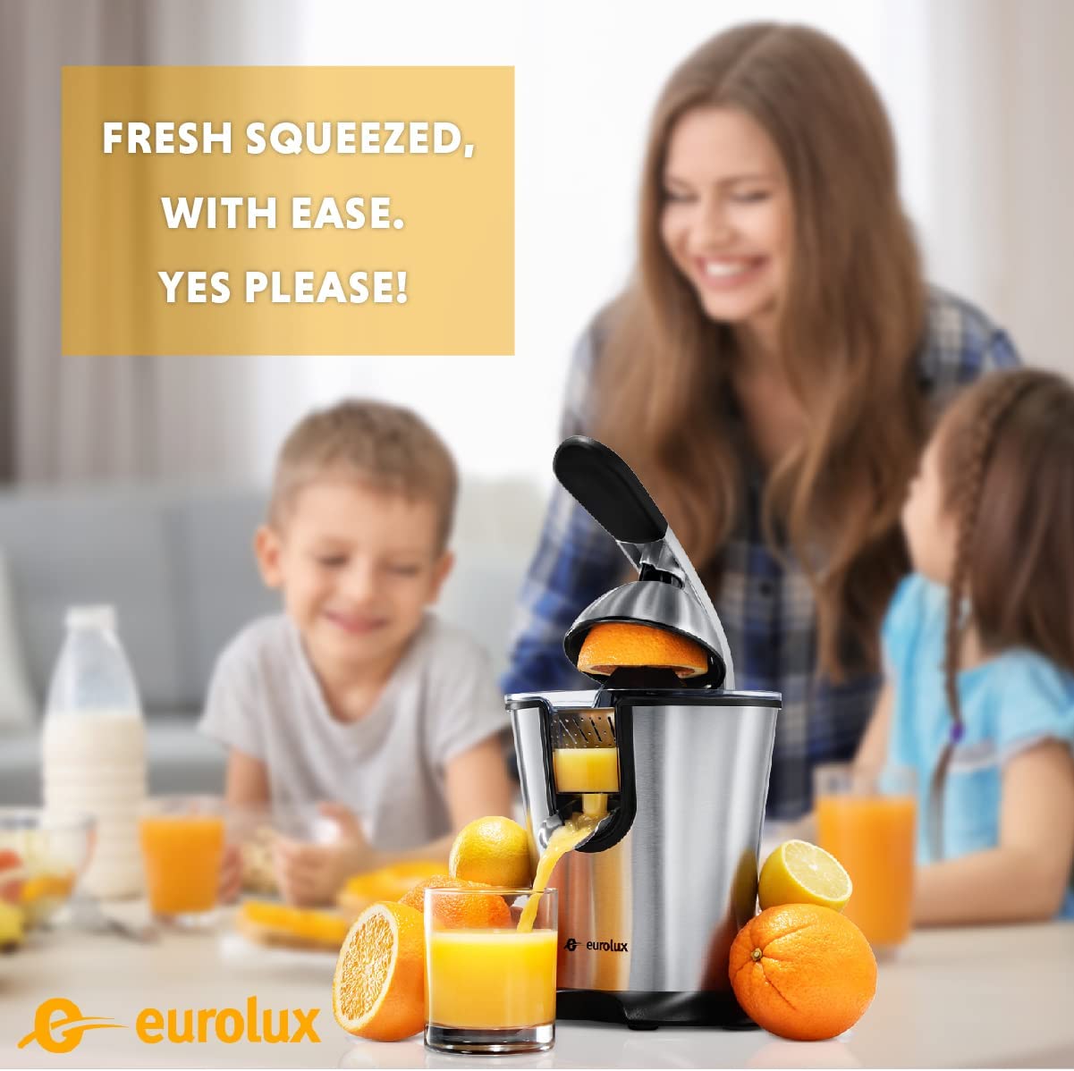 Eurolux ELCJ-1600 Electric Citrus Juicer - Powerful Electric Oranges Juicer and for Lemons with New and Improved Juicing Technology - Stainless Steel Orange Juicer with Soft Grip Handle and Cone Lid