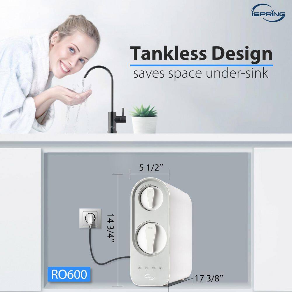 ISPRING Tankless Reverse Osmosis Water Filtration System 600 GPD Fast Flow Oil Rubbed Black Faucet 2.5: 1 Pure to Drain Ratio RO600ORB