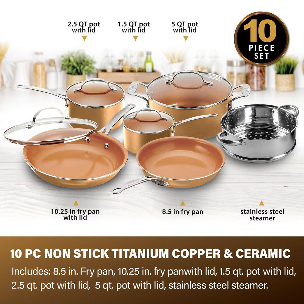 Gotham Steel 10-Piece Aluminum Ti-Ceramic Nonstick Round Cookware Set with Lids in Copper 1993