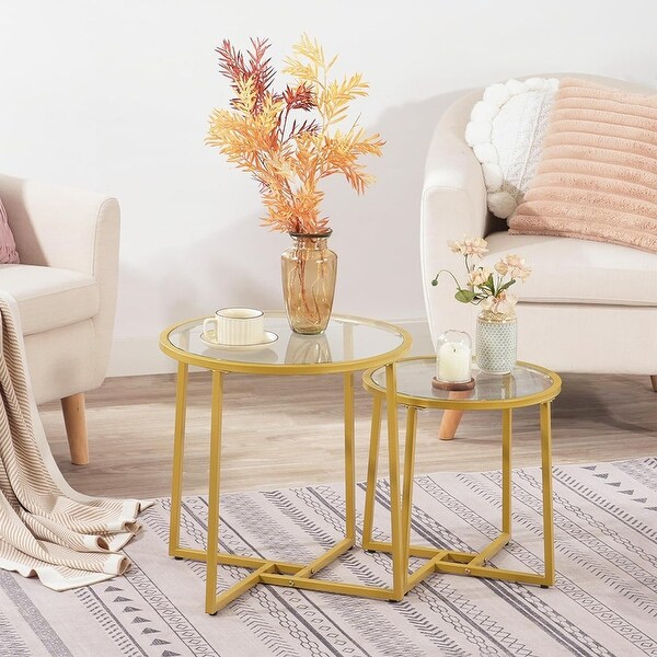 Coffee Table Set of 2，Gold End Table with Glass Top，Round Table