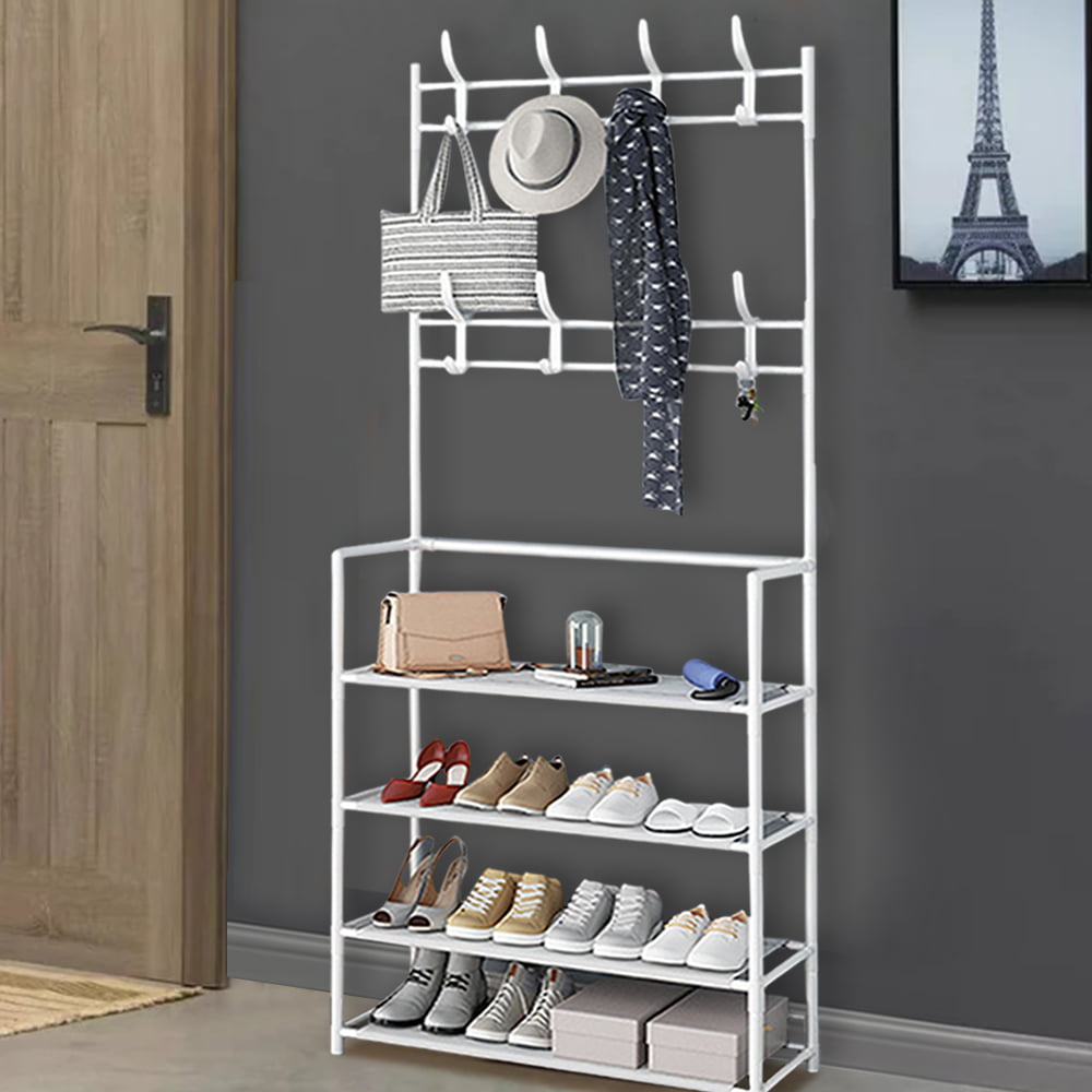 4-Tier Entryway Coat Rack with Shelf 3 in 1 Coat Rack Storage Rack with 8 Double Hooks， White