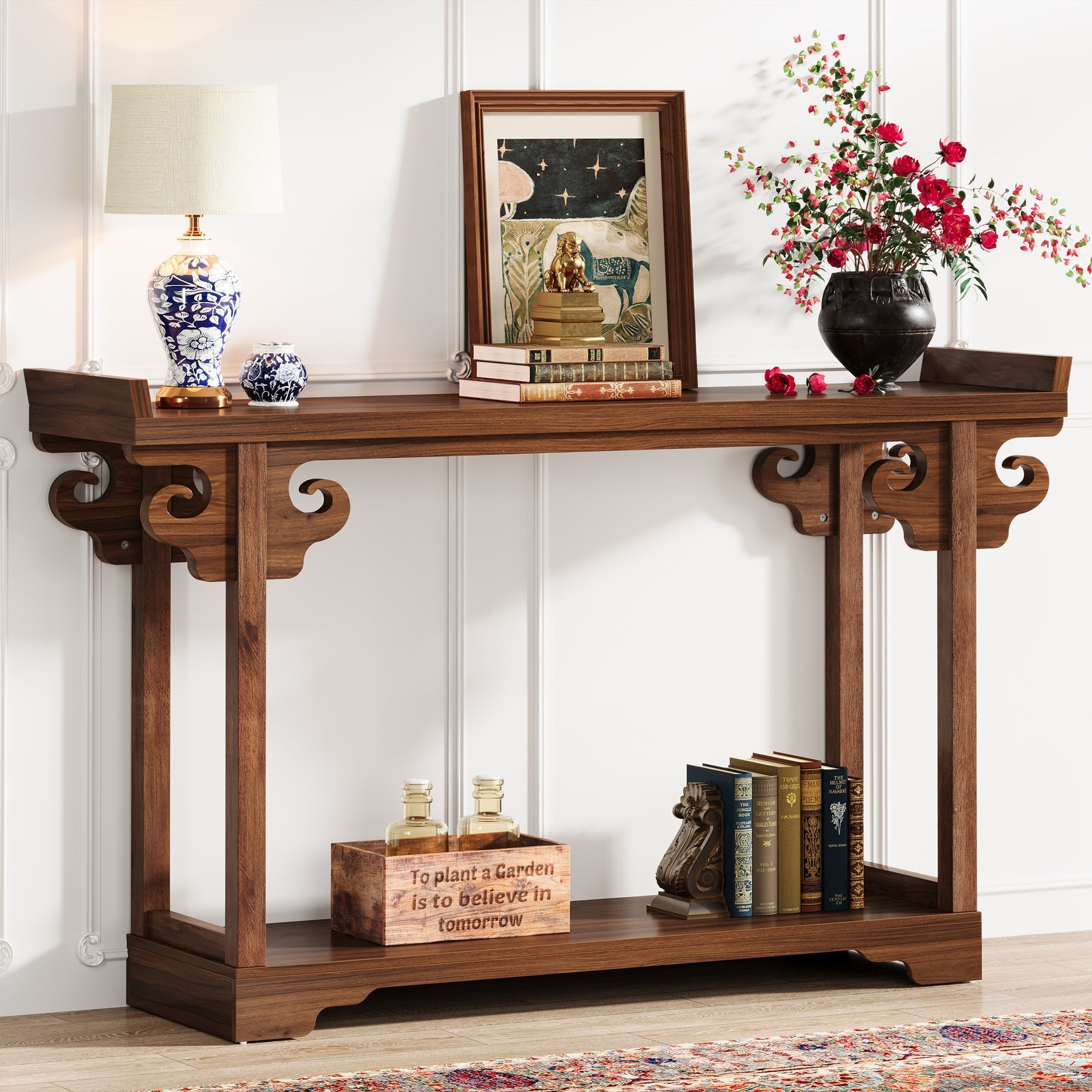 55 Inches Console Table, Farmhouse Sofa Table with 2-Tier Storage Shelves