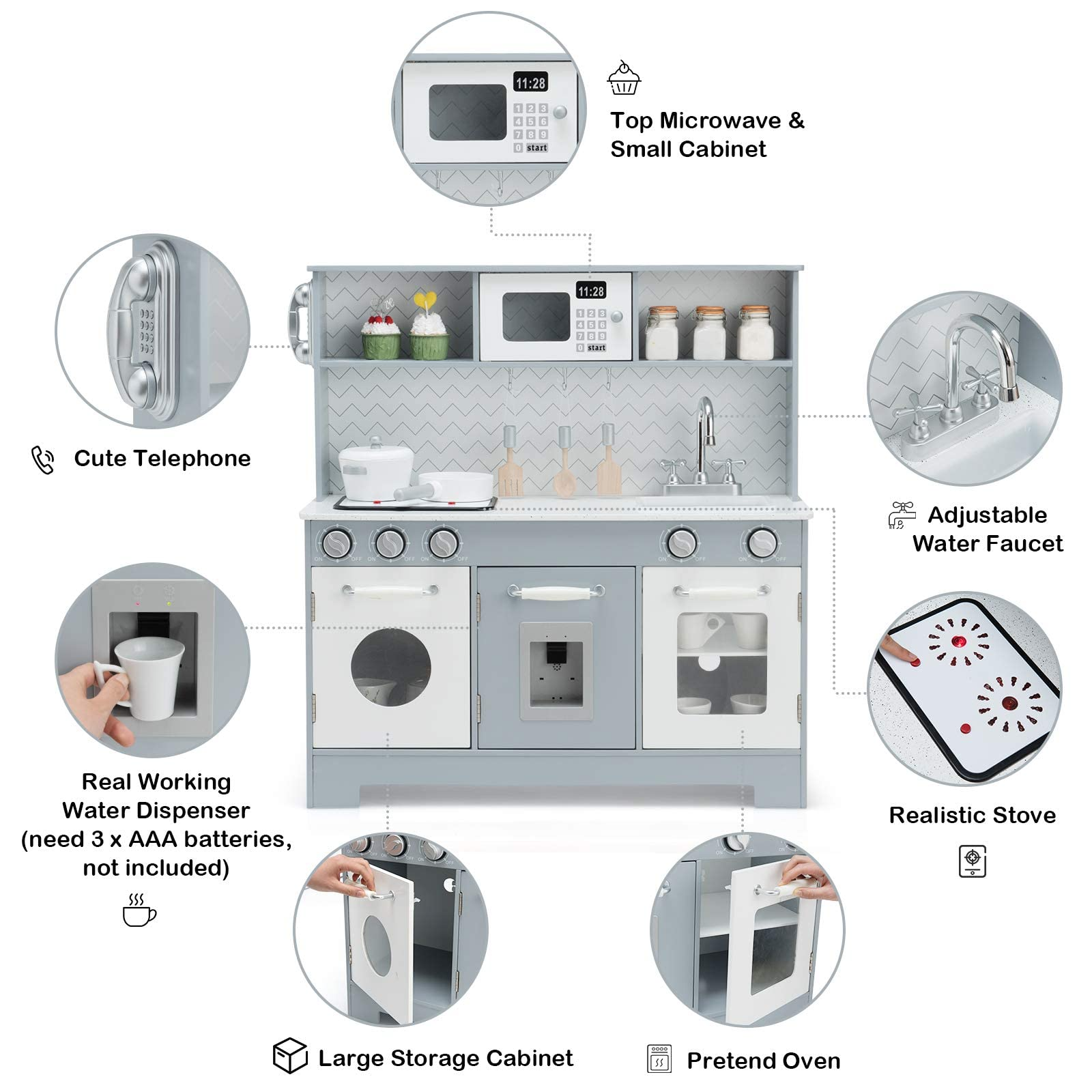 Costzon Kids Kitchen Playset, Wooden Pretend Cooking Playset w/ Stove, Fridge, Microwave, Removable Sink