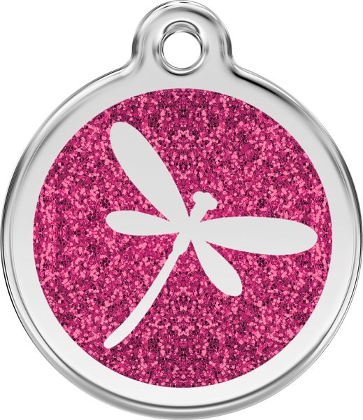 Red Dingo Glitter Dragonfly Stainless Steel Personalized Dog and Cat ID Tag， Pink