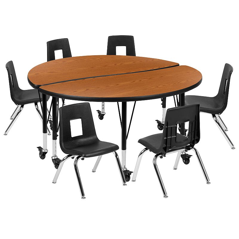 Emma and Oliver Mobile 47.5 Circle Wave Activity Table Set-14 Student Stack Chairs， Oak/Black