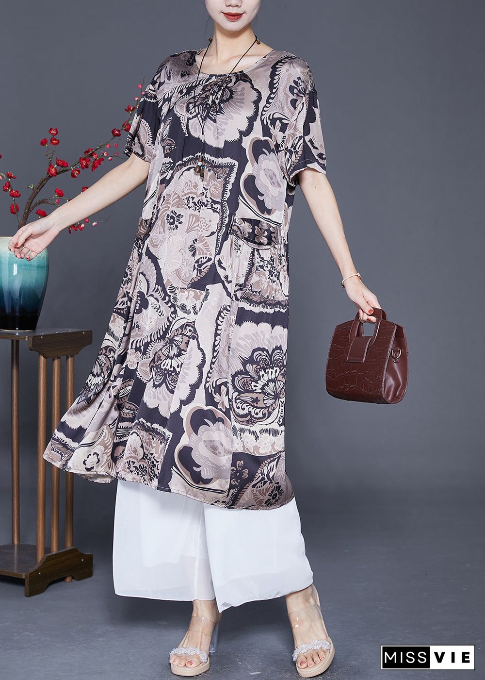 Beautiful Black Oversized Print Silk Maxi Dresses Summer