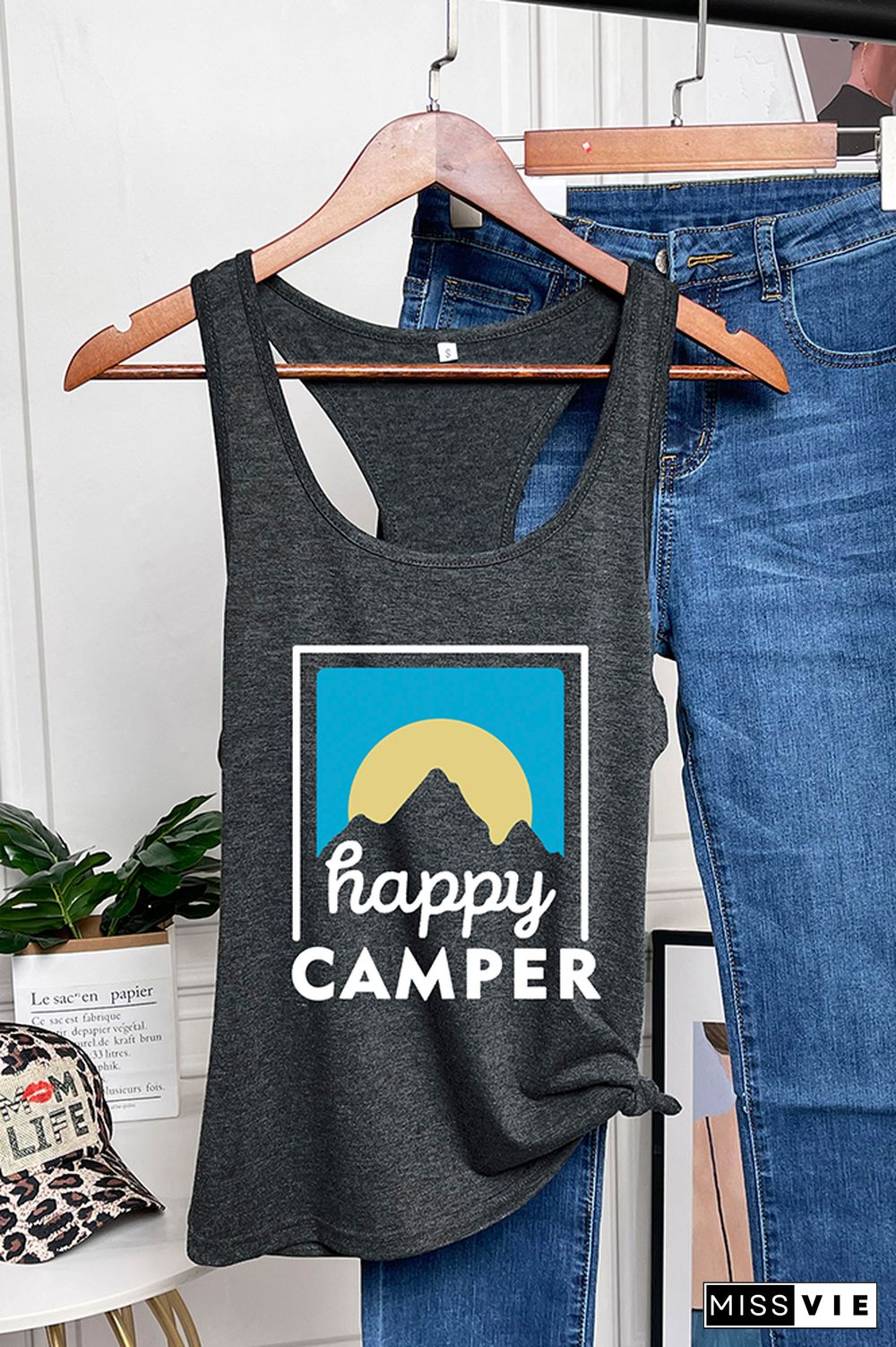 Happy Camper Printed Sleeveless Tank Top Wholesale