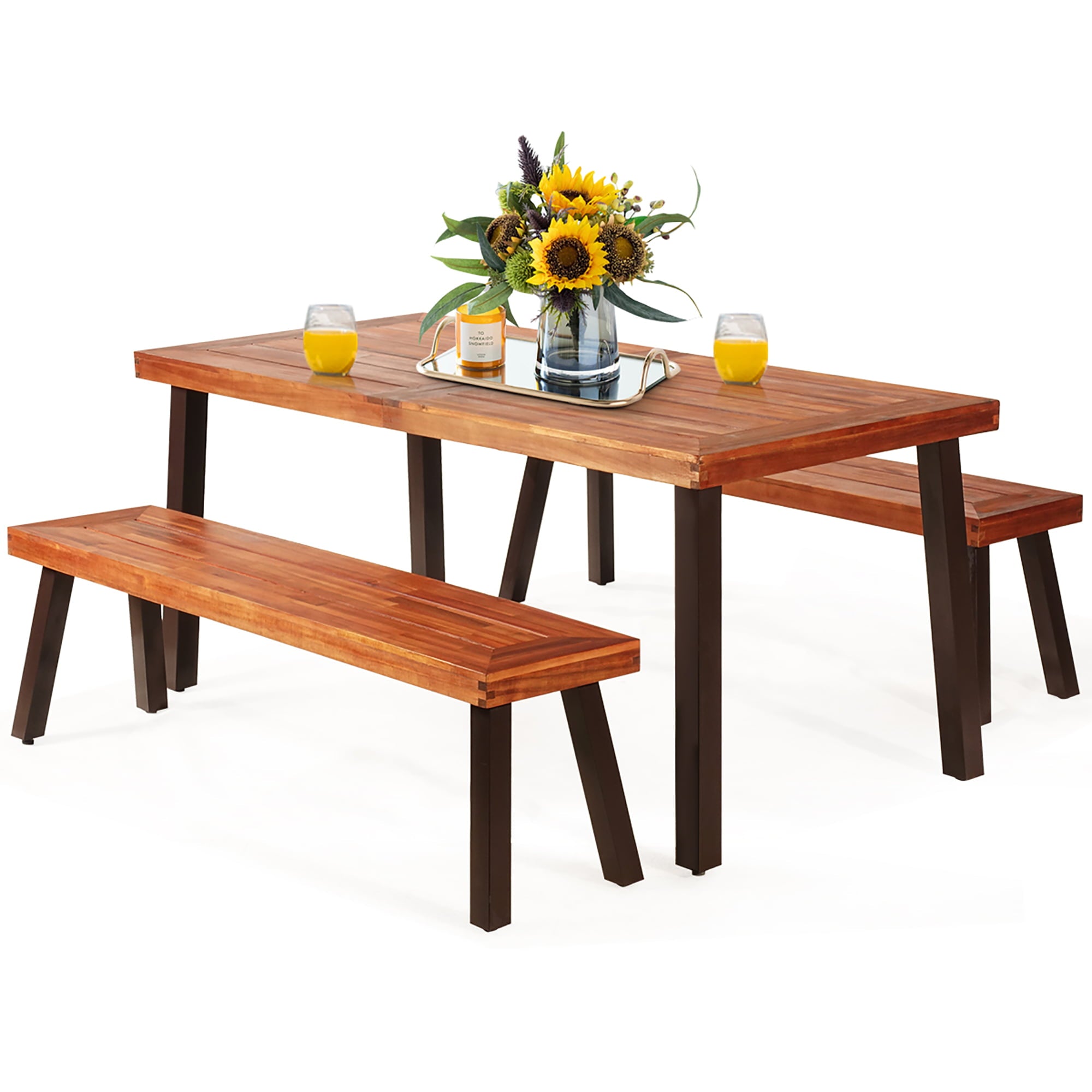 Costway 3 Pieces Picnic Table Set Acacia Wood Table Bench with Steel Legs Outdoor Patio