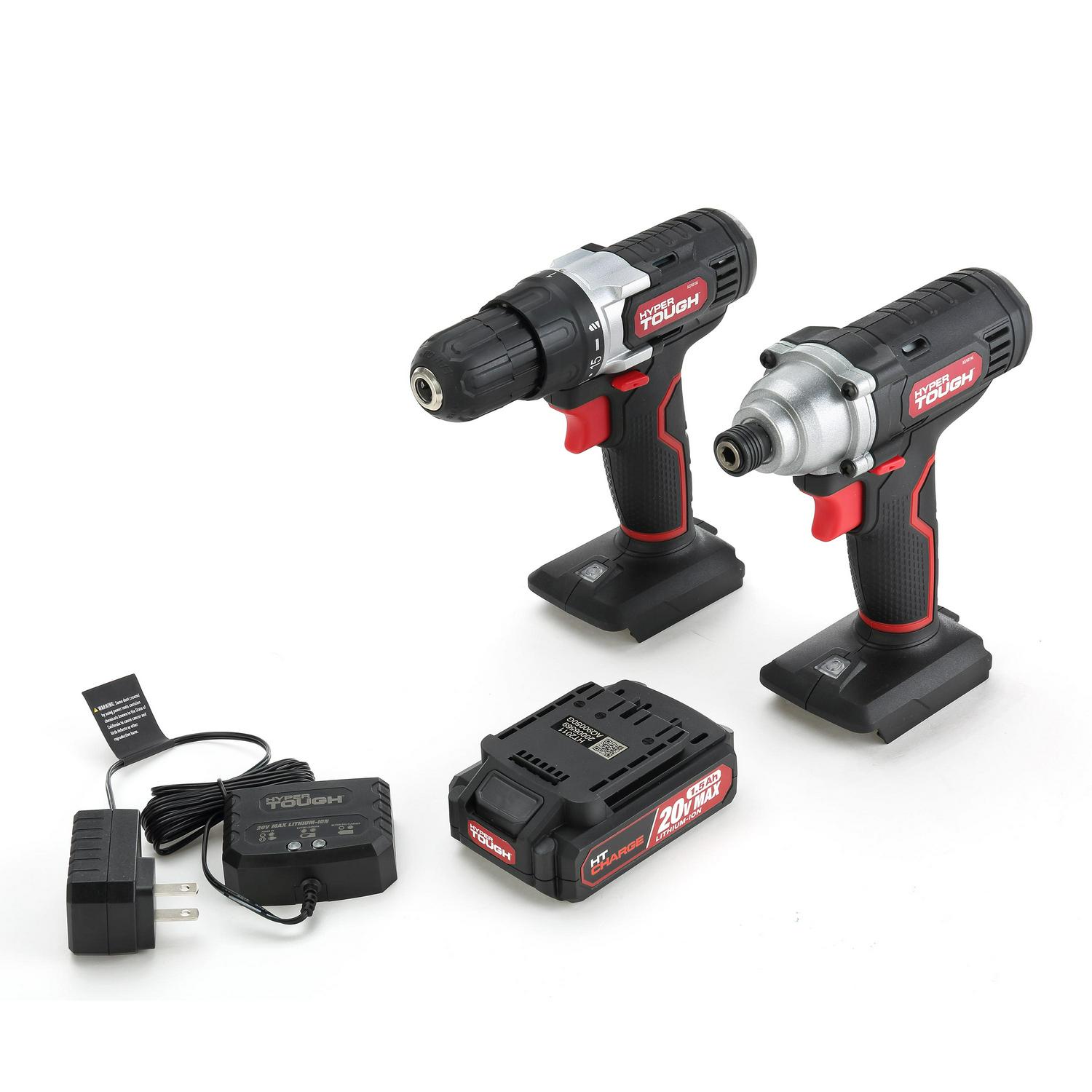 Hyper Tough 20V Max (2-Tool Set) 3/8 inch Cordless Drill and 1/4 inch Impact Driver Combo Kit with 1.5Ah Lithium-ion Battery， Charger， Bit Holders and LED Lights