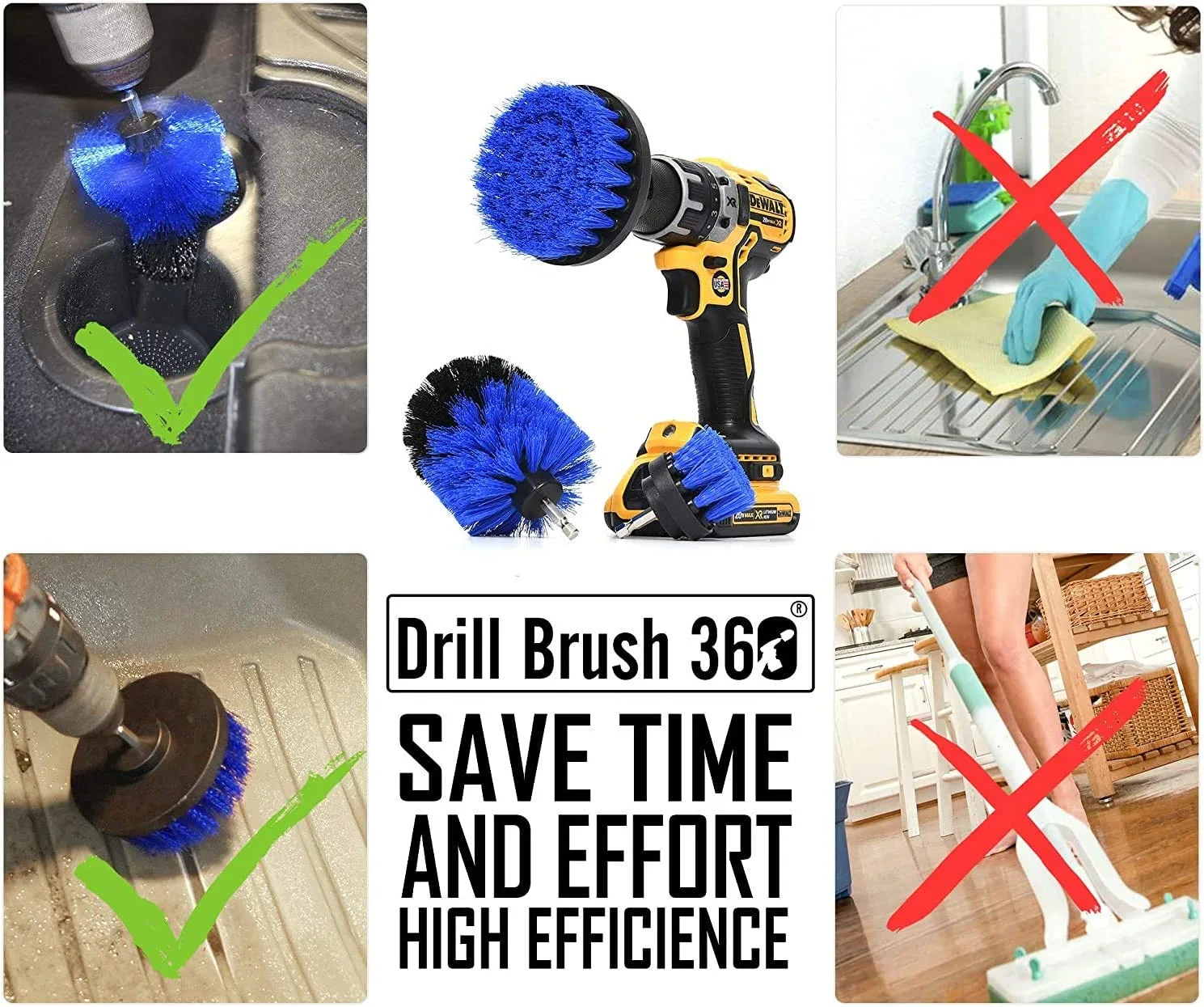 Original Drill Brush 360 Attachments 3 Pack kit Medium- Yellow All Purpose Cleaner Scrubbing Brushes for Bathroom Surface, Grout, Tub, Shower, Kitchen, Auto,Boat,RV