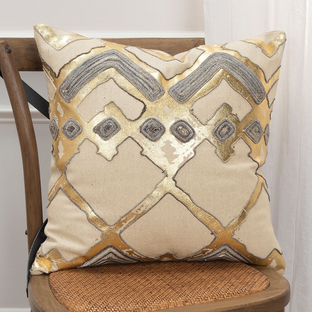 Rizzy Home Beige  Metallic Gold  and Grey Geometric Throw Pillow