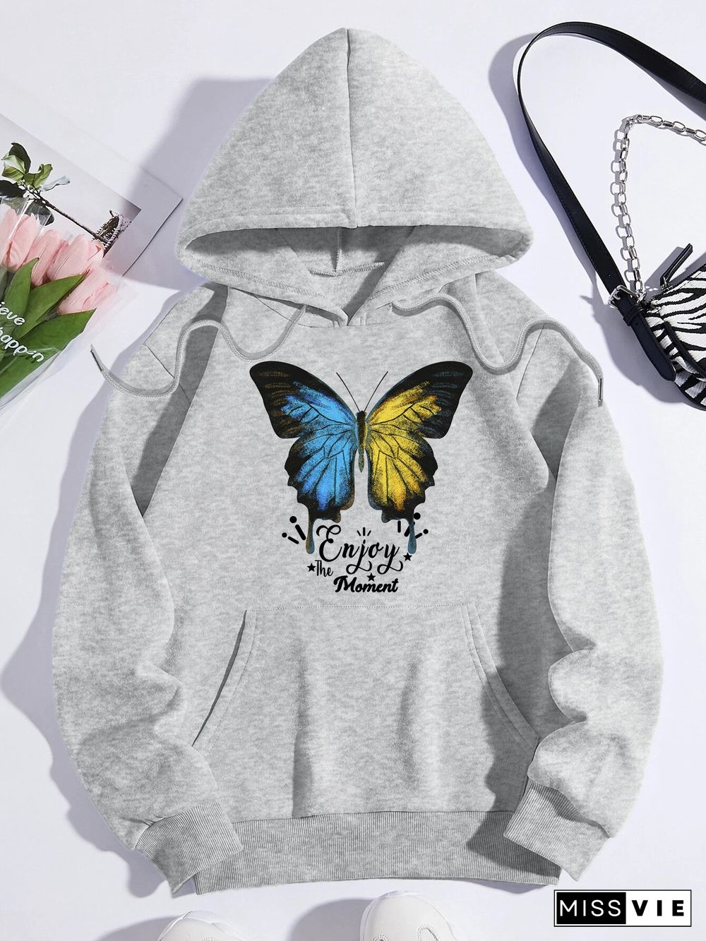 Printed on front Kangaroo Pocket Hoodie Long Sleeve for Women Pattern Butterfly Enjoy the Moment