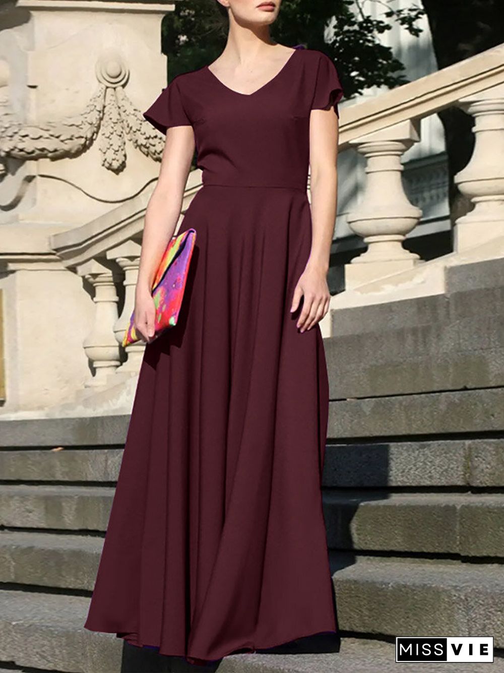 Women Solid Cap Sleeve V-neck Swing Maxi Dress