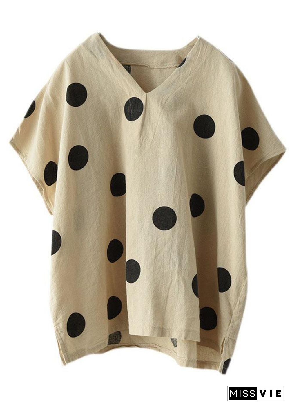 French Khaki V Neck Dot Summer Linen Shirt Top