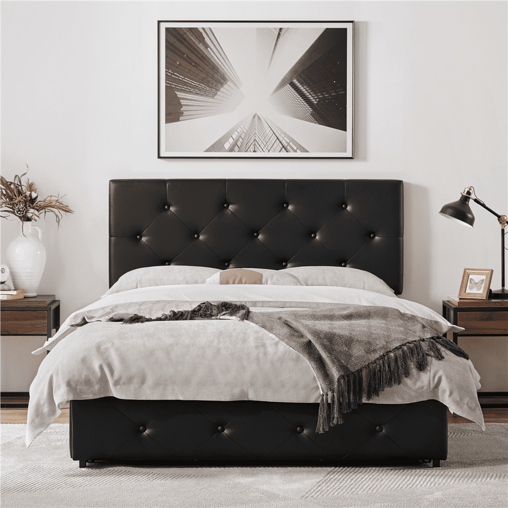 Topeakmart Full Size Upholstered Platform Bed Mattress Foundation with 4 Drawers Storage, Black