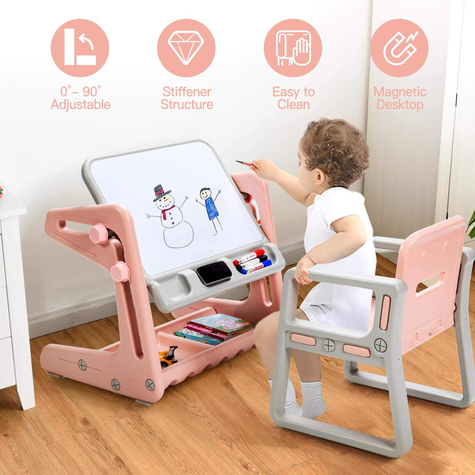 Costzon 2 in 1 Kids Table & Chair, Art Easel w/ Adjustable Magnetic Painting Board