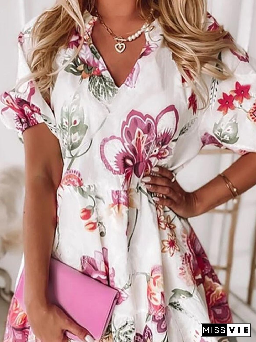 Women'S Dresses Floral V-Neck Short Sleeve Dress