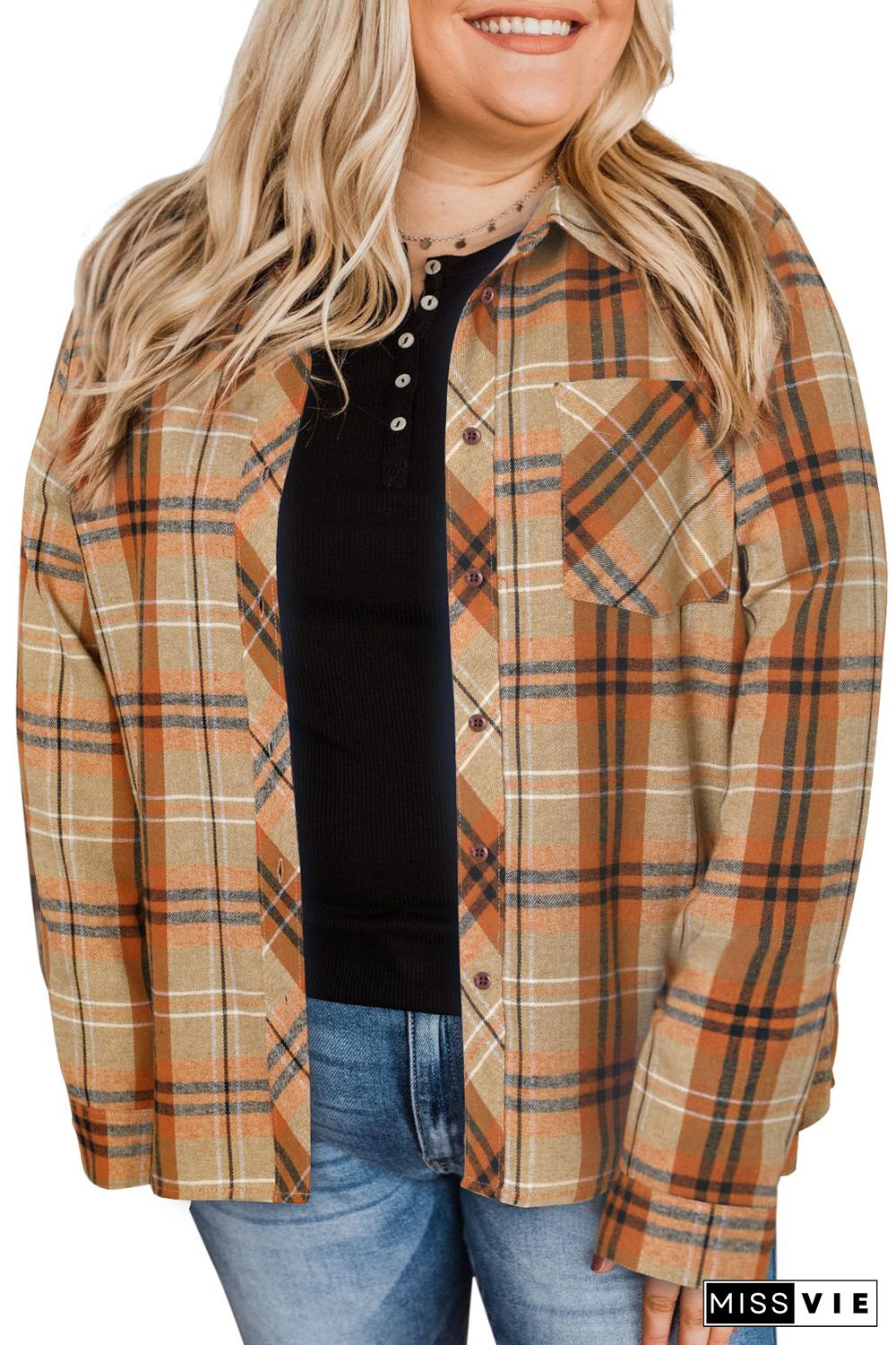 Orange Plus Size Buttons Plaid Pattern Shirt