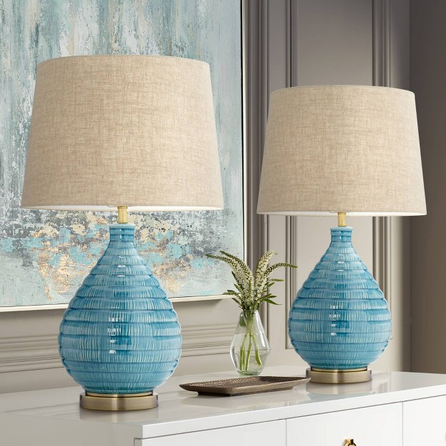 High Small Mid Century Modern Coastal Table Lamps Set Of 2 Blue Ceramic Living Room Bedroom Bedside Nightstand House Office