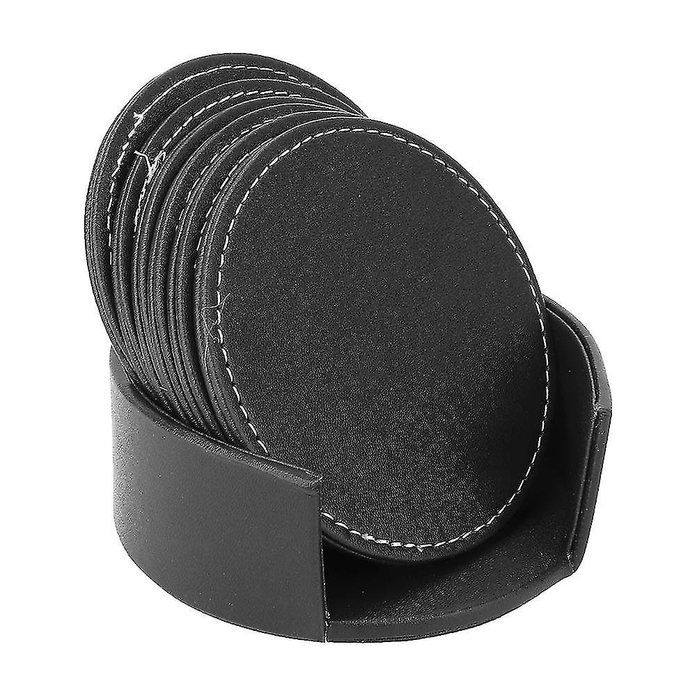 6pcs PU Leather Round Shape Cup Insulation Pad Coasters For Drink for Home Office(Black)