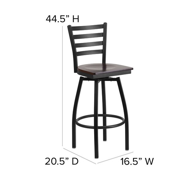 HERCULES Series Black Ladder Back Swivel Metal Barstool - Walnut Wood Seat