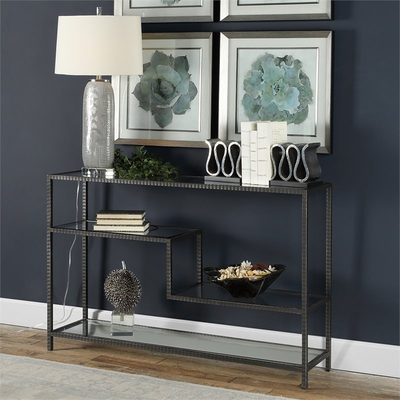 Bowery Hill Modern Glass Accent Console Table in Aged Gunmetal   Industrial   Console Tables   by Homesquare  Houzz