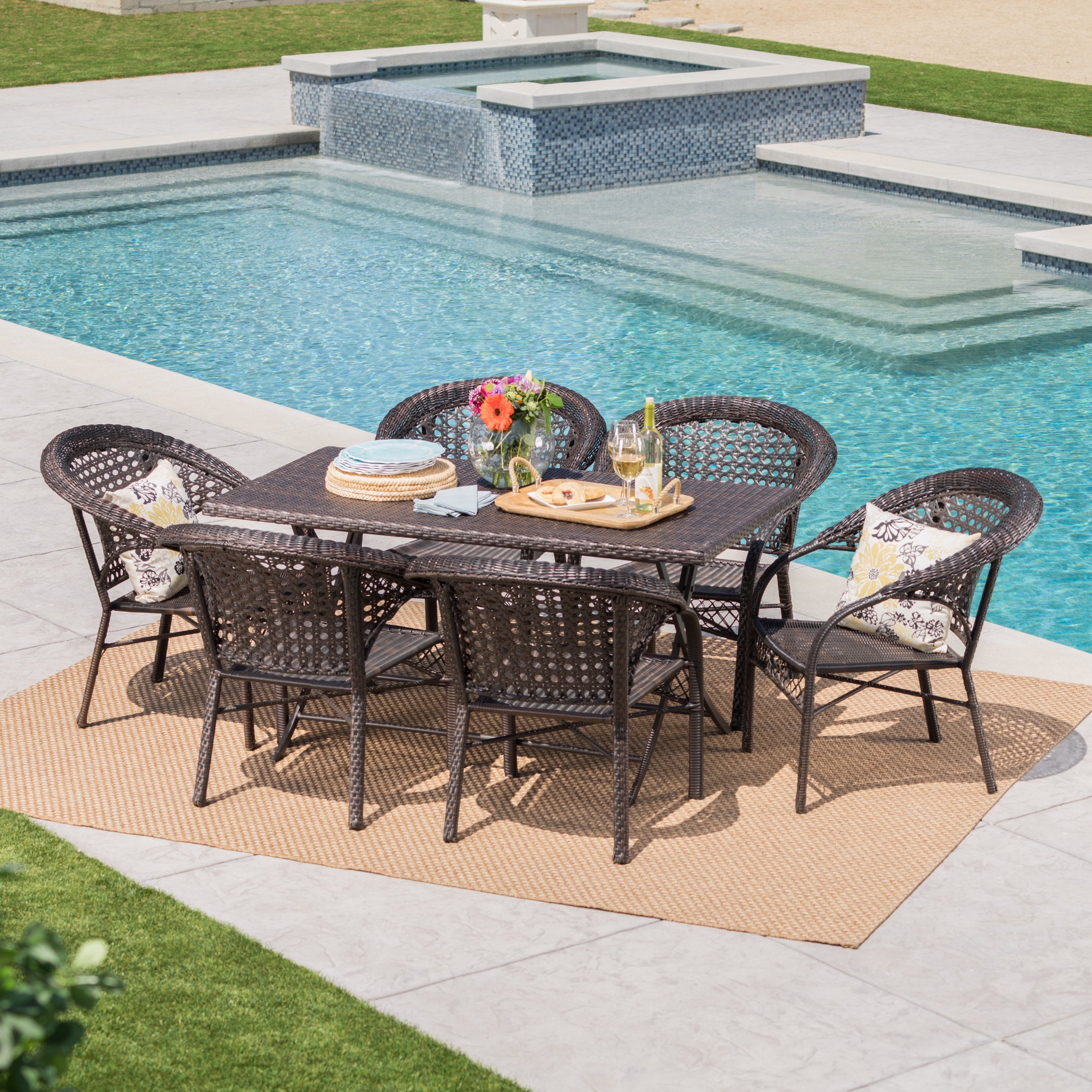 Ursula Outdoor 7 Piece Multi-Brown Wicker Dining Set