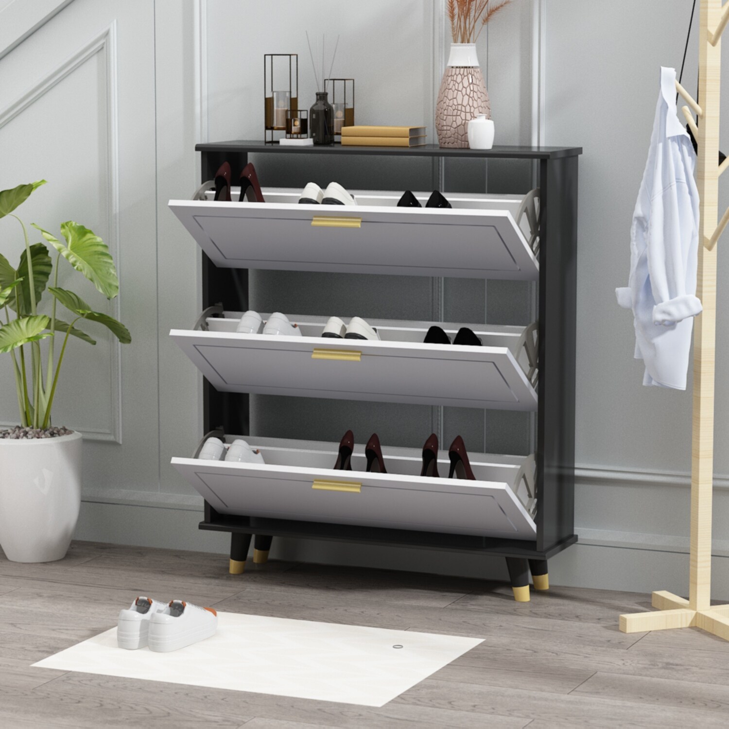 24-Pair Shoe Storage Cabinet with 3 Flip Drawers Grey by Kerrogee - - 35523720