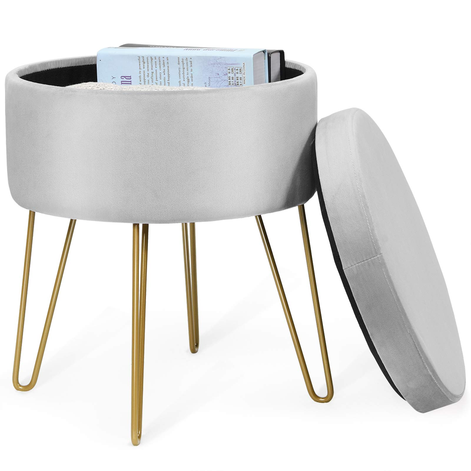 Velvet Footrest Stool Round with Storage Function