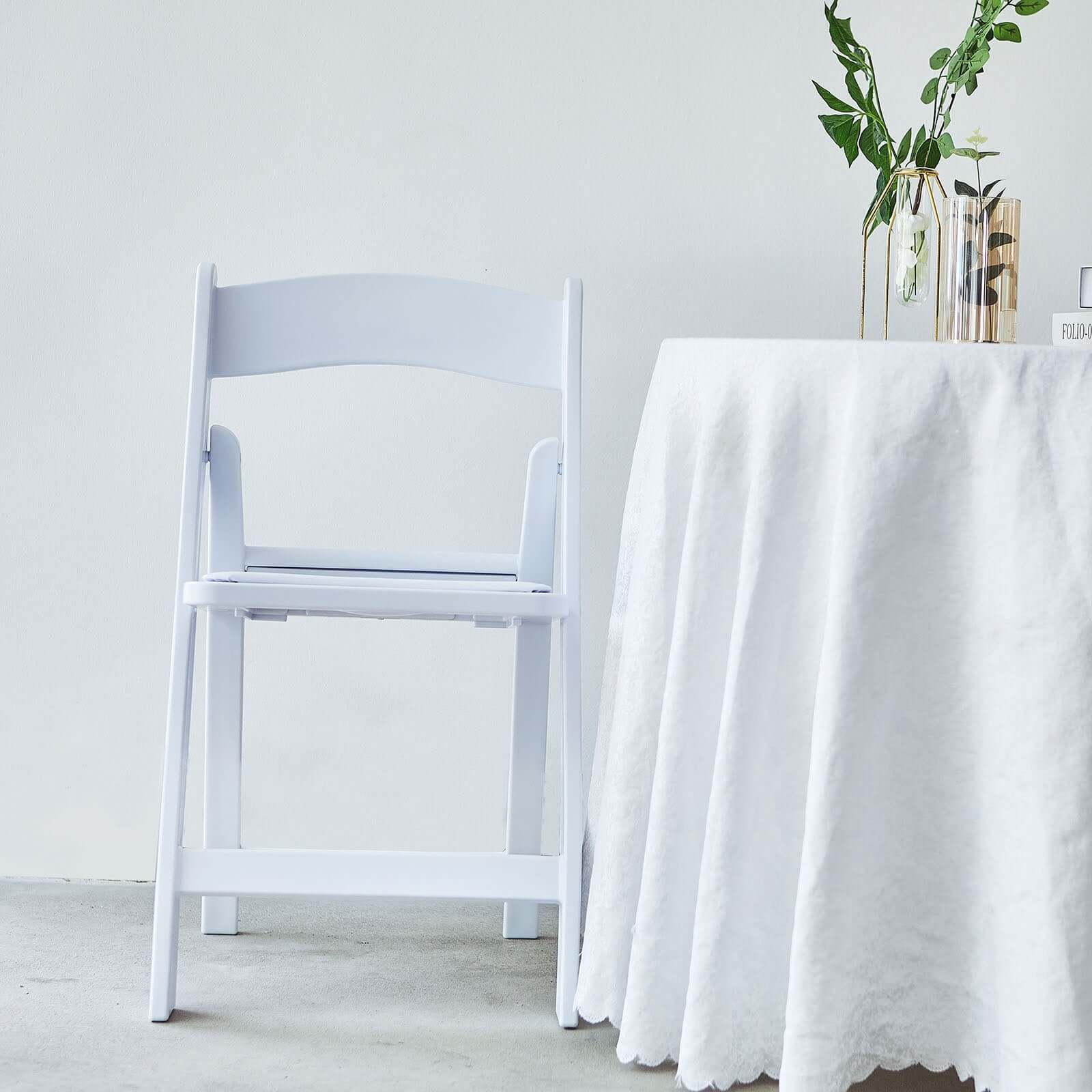 White Resin Folding Chair With Vinyl Padded Seat For Weddings, Indoor or Outdoor Events