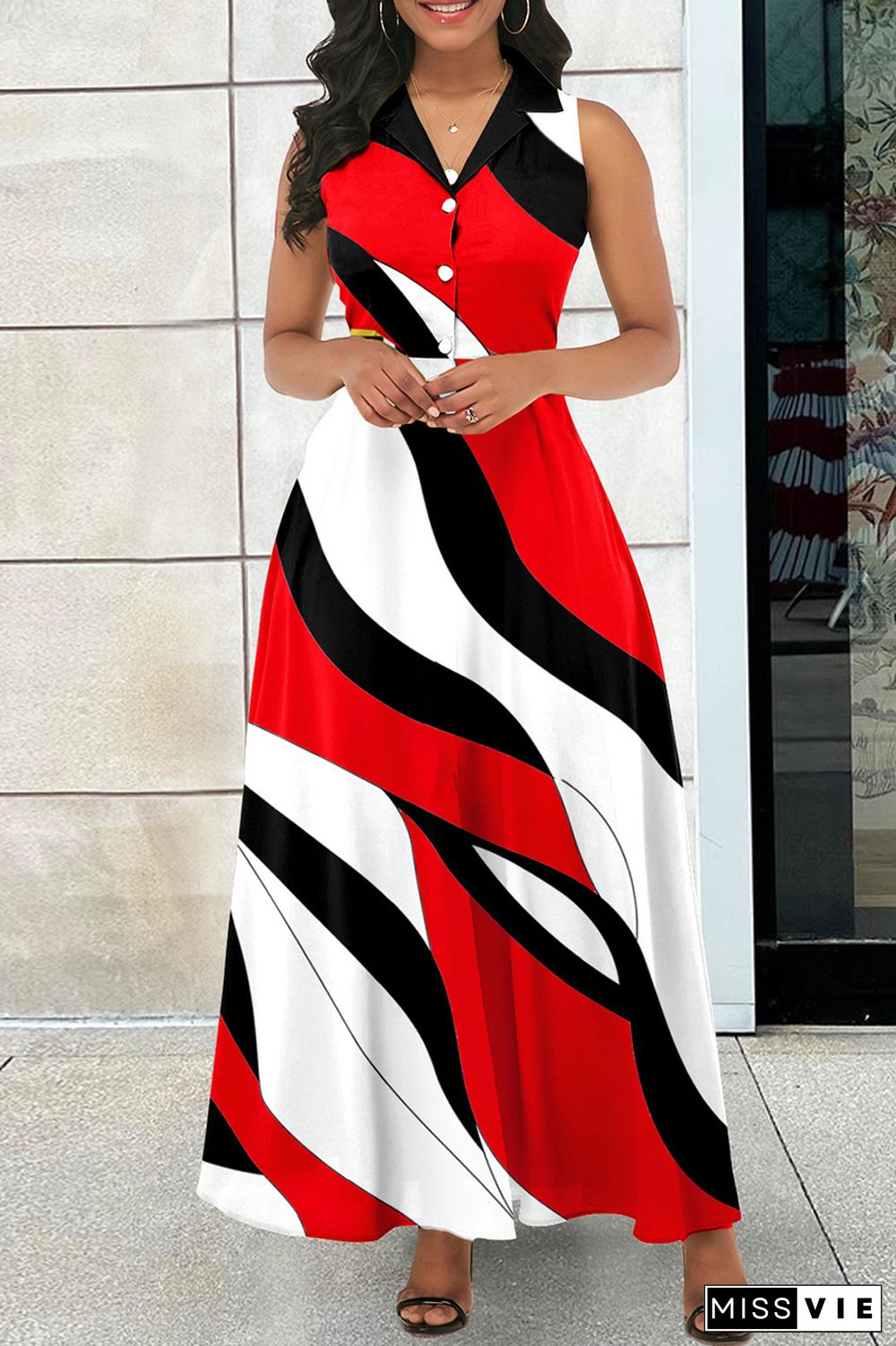 Orange Red Casual Print Patchwork Turndown Collar Long Dress Dresses