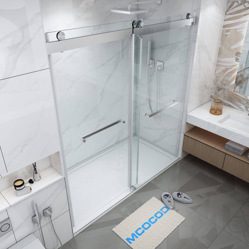 MCOCOD 60 in. W x 79 in. H Double Sliding Frameless Soft Close Shower Door in Brushed Nickel with 38 in. (10 mm) Clear Glass DS13-60x79-BR