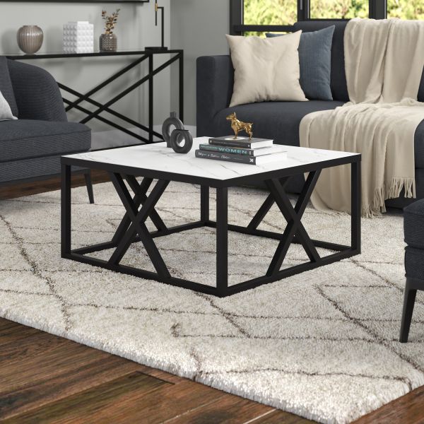 Jedrek 35'' Wide Square Coffee Table with Faux Marble Top in Blackened Bronze