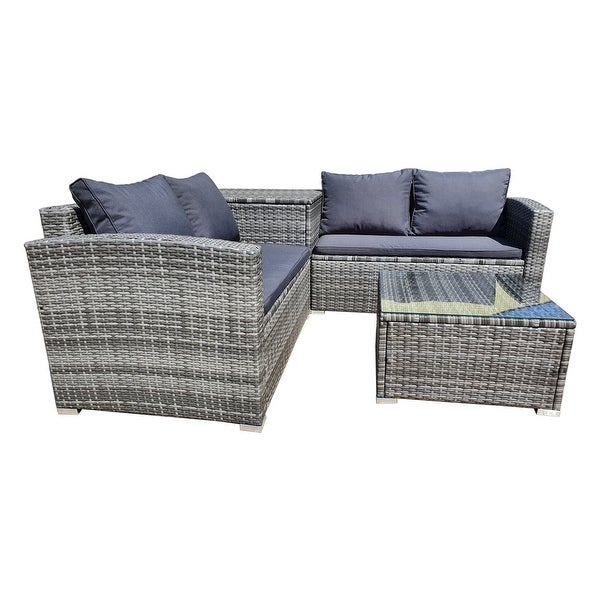 4 Piece Outdoor Sectional Sofa Set， Rattan Patio Set with Large Storage Box/ End Table and Glass table - Overstock - 35086846