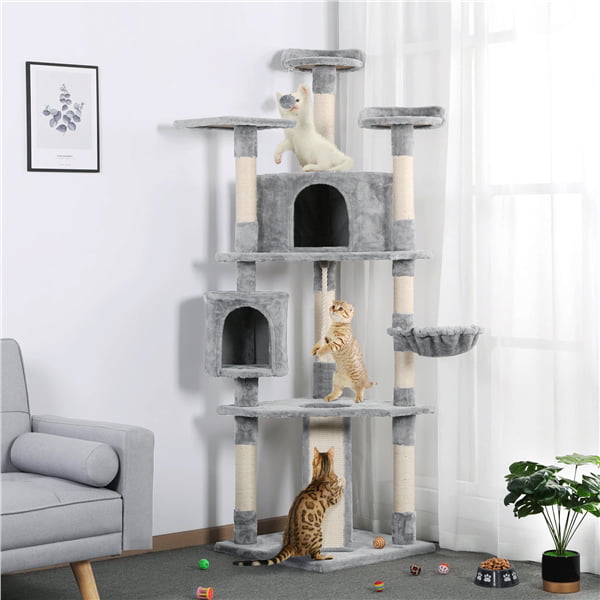 Topeakmart Multi-level Cat Tree Condo Tower with Basket， Scratching Posts and Ramp Light Gray， 79'' H