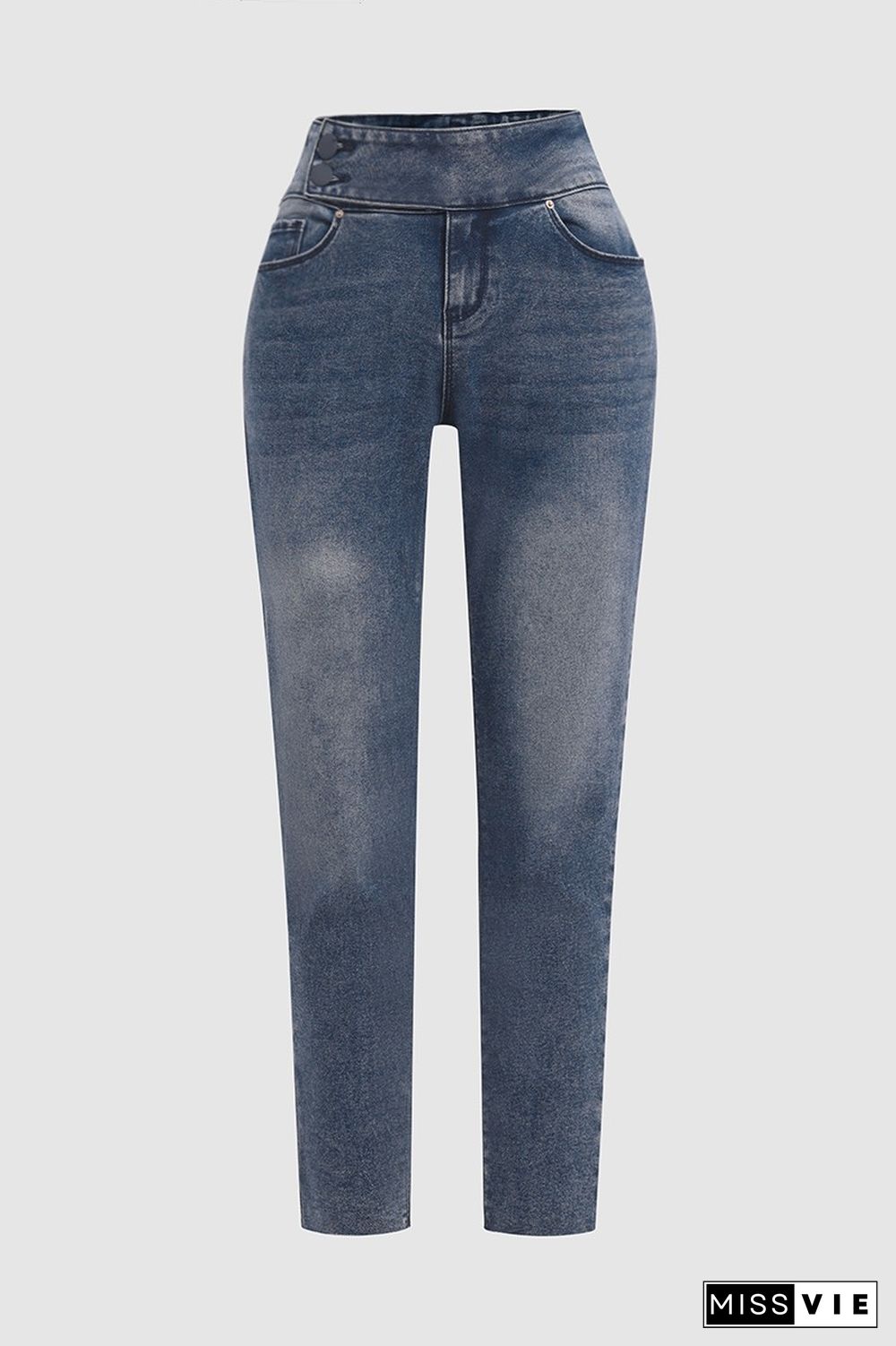 Button Detail Shirred Mid Waist Skinny Jeans