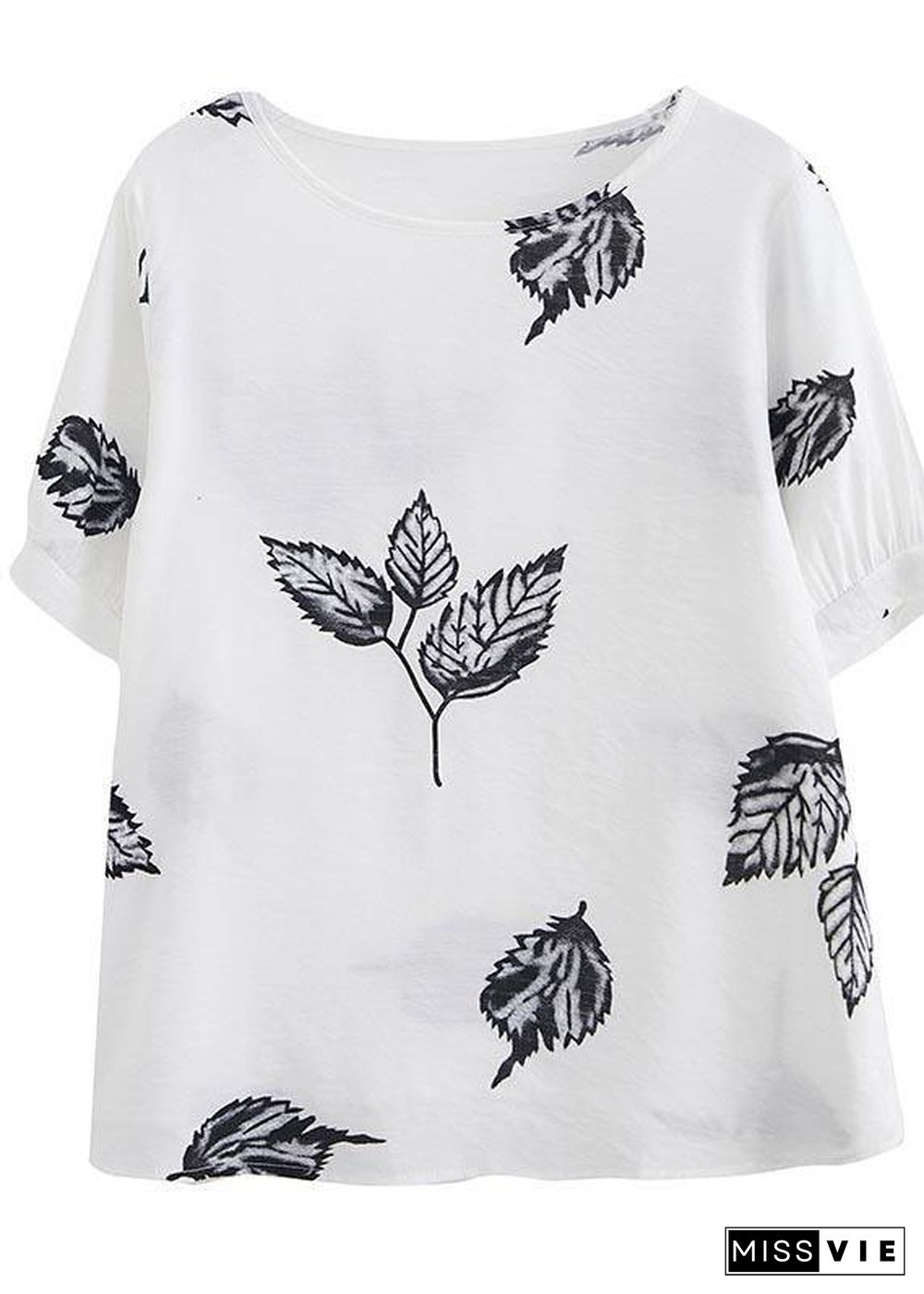 Beautiful White Print leaf Shirt Tops Summer Cotton Linen